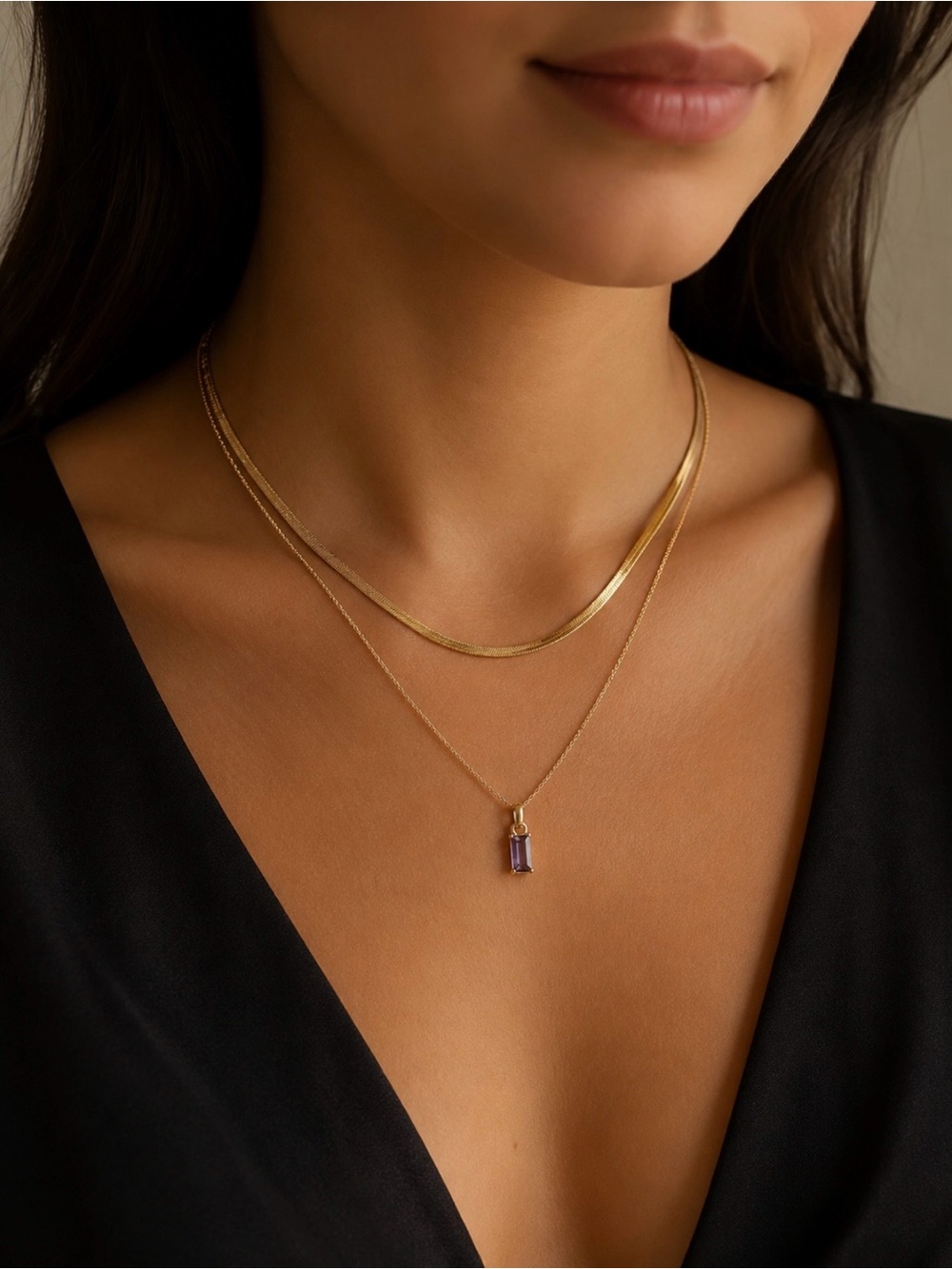 Ann Taylor Factory Gold Layered Necklace with Purple Pendant